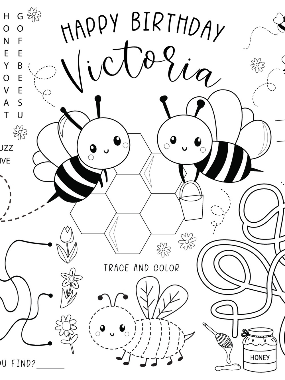 Happy Birthday Bee Coloring Pages - Coloring Placemats